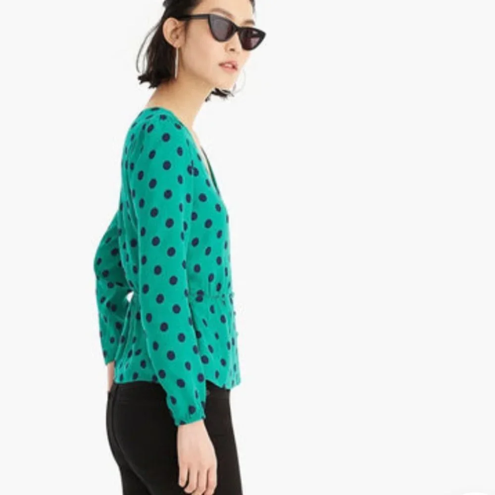 J. Crew Green & Blue Polka Dot Long Sleeves Blouse